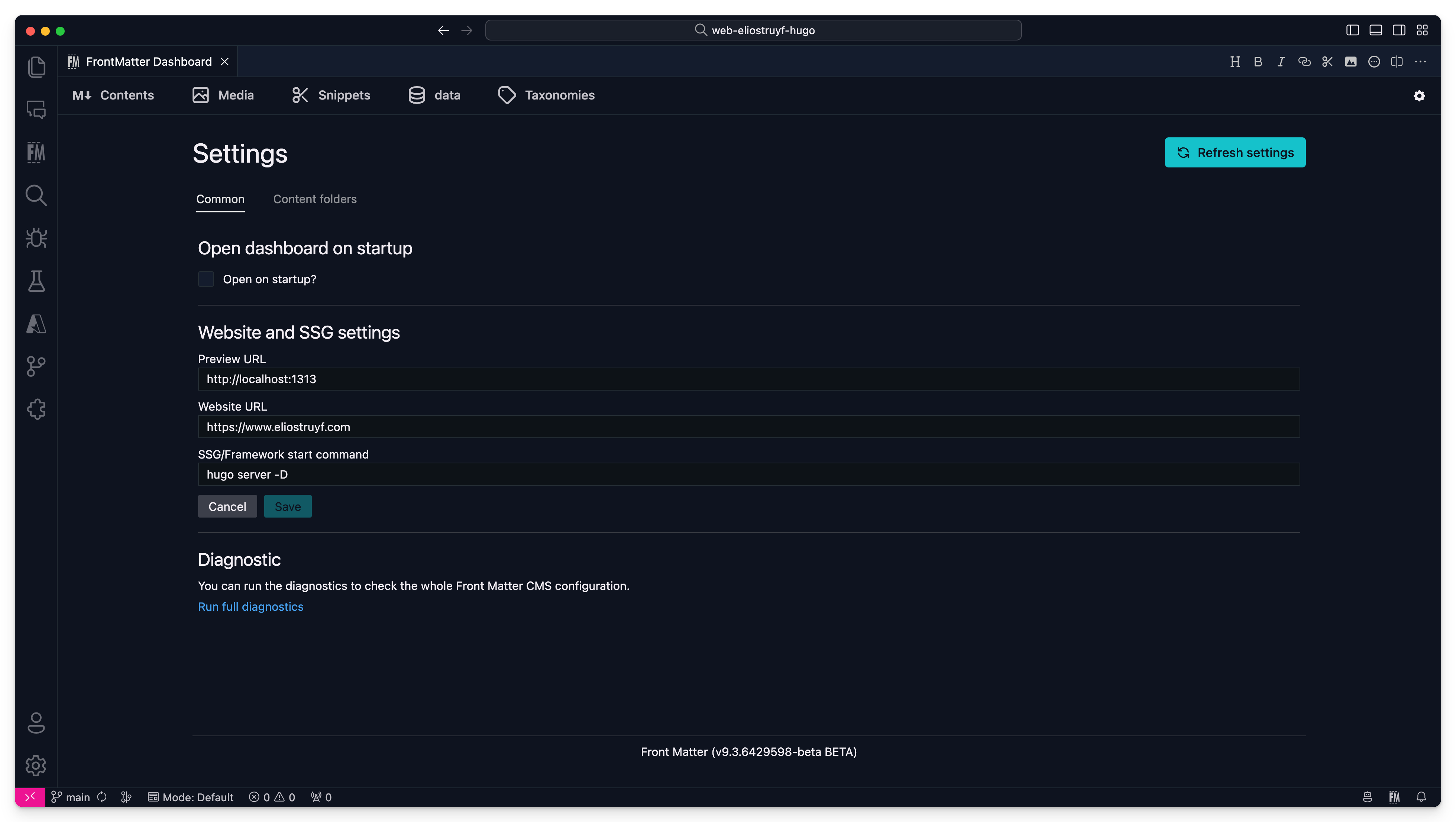 Settings view